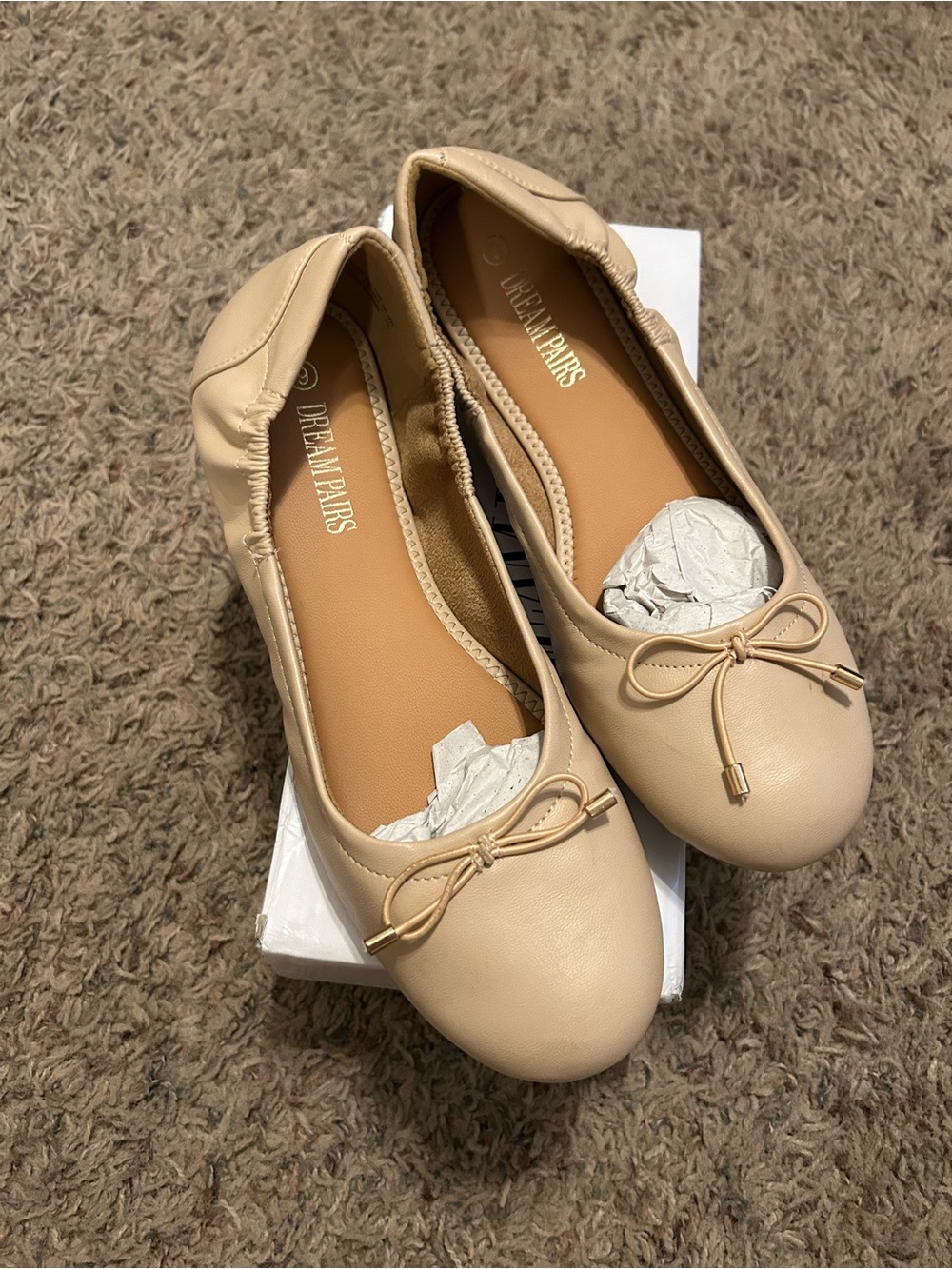 NUDE Beige Ballet Flats with Bow Accent - Women's Slip-On Loafers